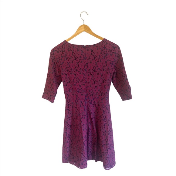 ABS Allen Schwartz purple lace cocktail dress size 0 mini dress 3/4 sleeve - Picture 2 of 7